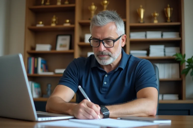 Administrateur judo au bureau avec trophées et documents