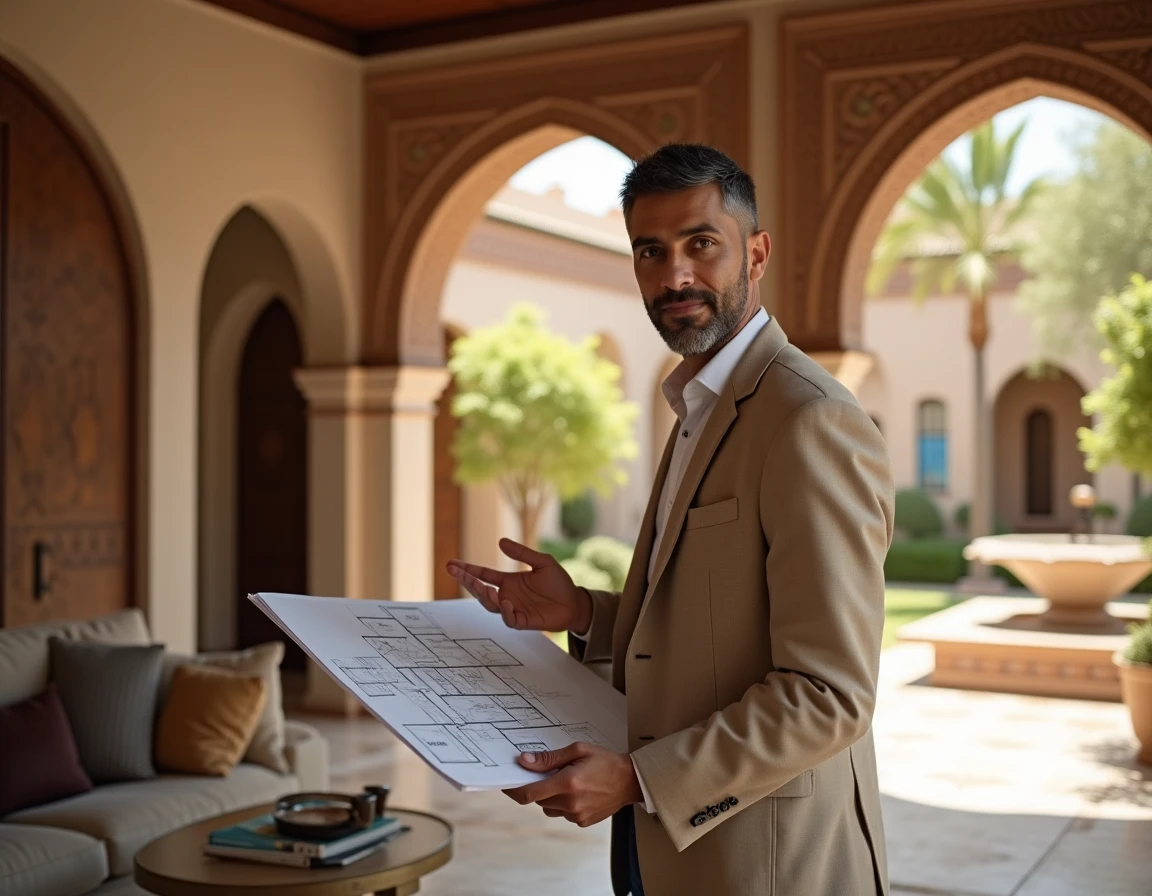 Agent immobilier présentant une villa haut de gamme à Amelkis Marrakech avec intérieur mauresque