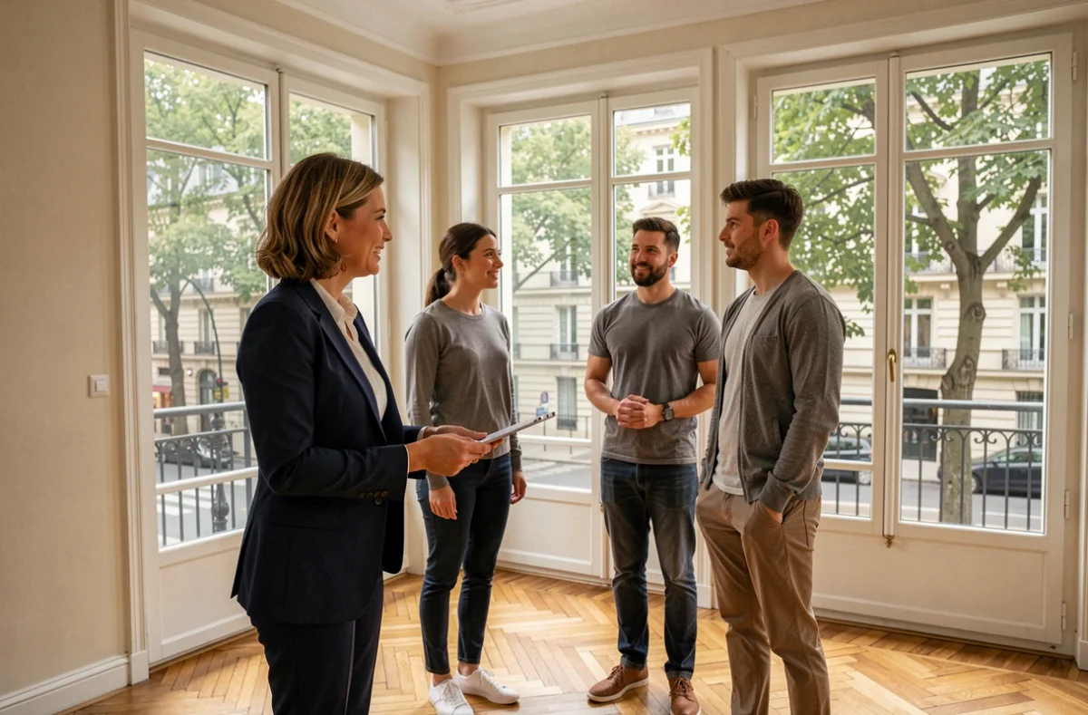 Agent immobilière présentant un appartement haussmannien à Paris à un couple lors d'une visite de bien immobilier