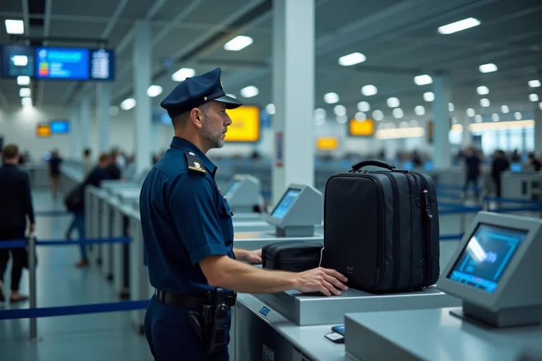 Agent de sécurité aéroportuaire inspectant des bagages sur un scanner à rayons X au contrôle de sûreté