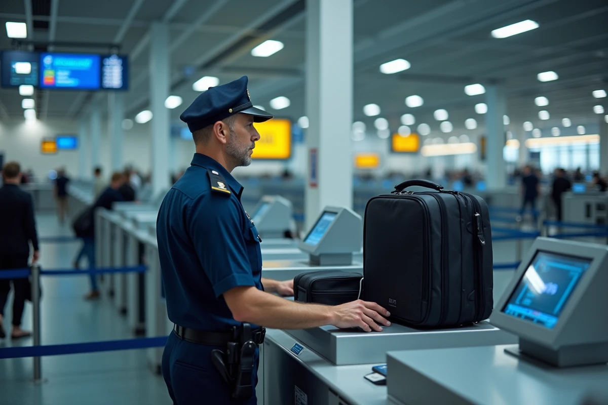 Agent de sécurité aéroportuaire inspectant des bagages sur un scanner à rayons X au contrôle de sûreté