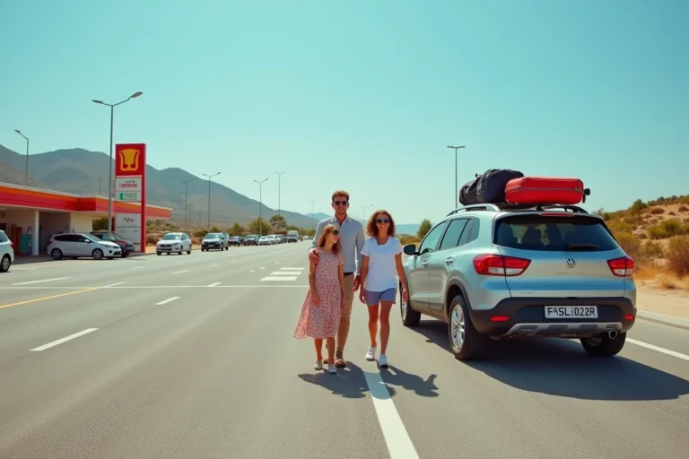 Famille se reposant dans une aire de repos moderne sur l'autoroute espagnole A-7 en été
