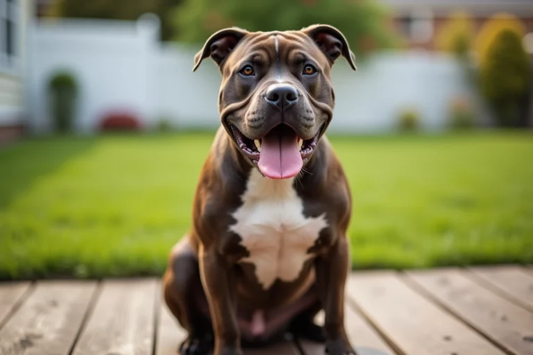 American Bully adulte de robe bringée assis sur une terrasse en bois dans un jardin de banlieue, portrait réaliste de face