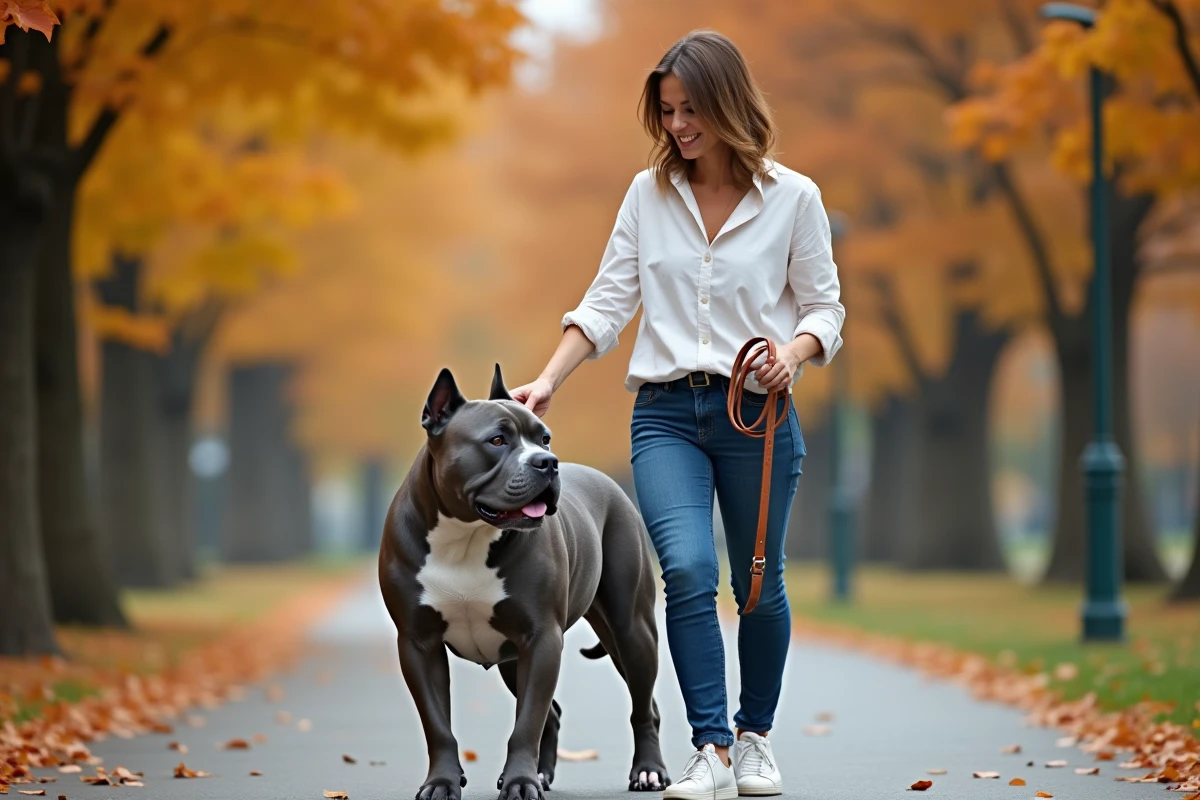 Femme tenant en laisse un American Bully XL gris bleu dans un parc urbain en automne, photo éditoriale en pied montrant le lien entre le chien et sa propriétaire