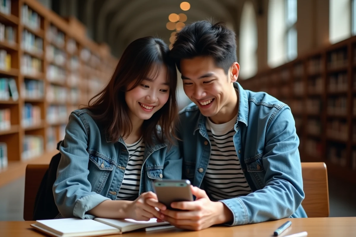 Deux étudiants découvrant ensemble la lecture de manhuas sur smartphone dans une bibliothèque universitaire