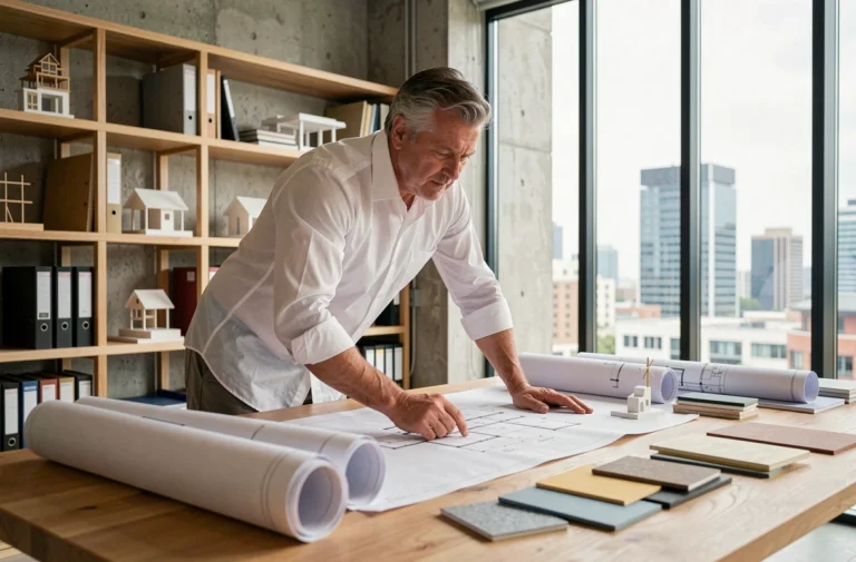 Architecte étudiant des plans de construction dans un studio moderne avec maquettes et matériaux de construction