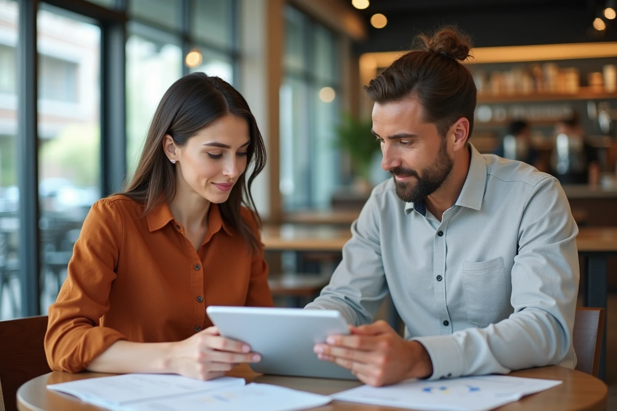 Deux associés discutant de leur stratégie de développement de business en ligne autour d'une table dans un café