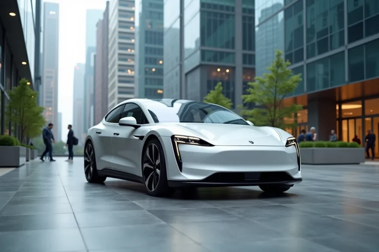 Berline électrique moderne garée sur une place urbaine avec reflets de gratte-ciels sur la carrosserie blanche nacrée