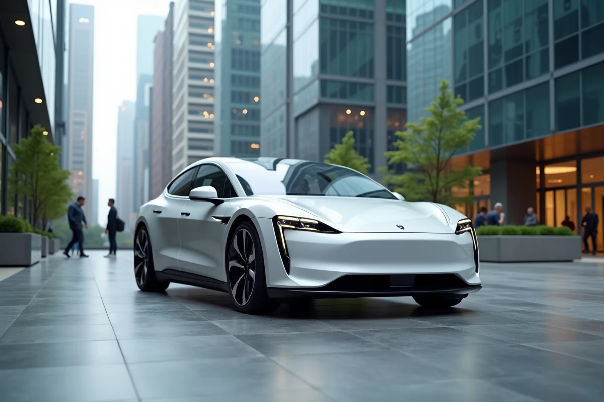 Berline électrique moderne garée sur une place urbaine avec reflets de gratte-ciels sur la carrosserie blanche nacrée