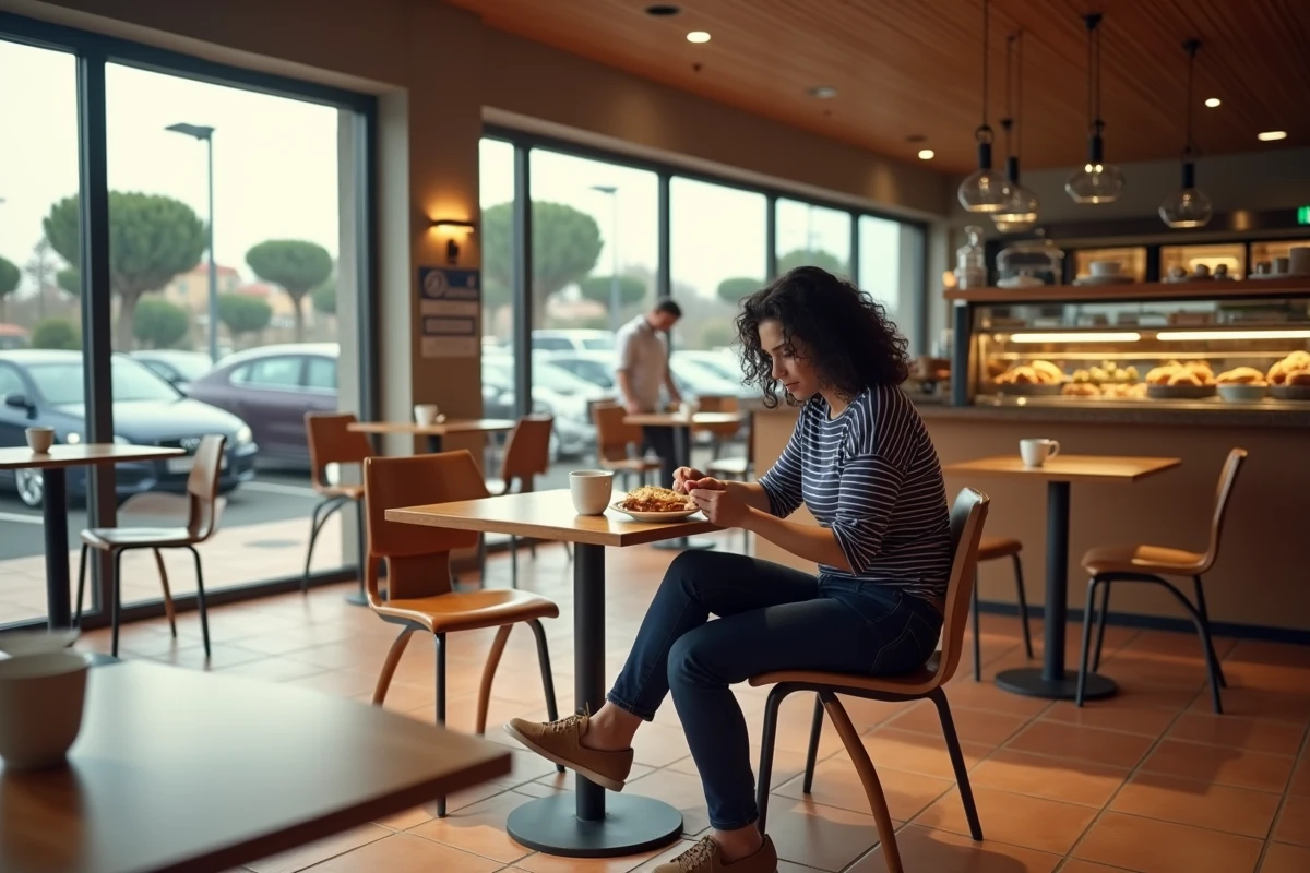 Femme buvant un café dans la cafétéria d'une aire de repos sur autoroute en Espagne
