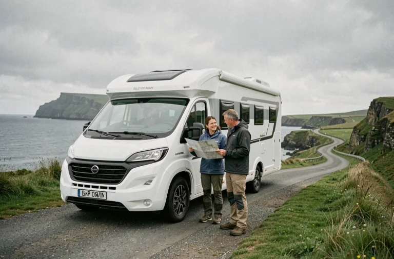 Couple en camping-car sur une route côtière de l'île de Man consultant une carte routière devant la mer d'Irlande