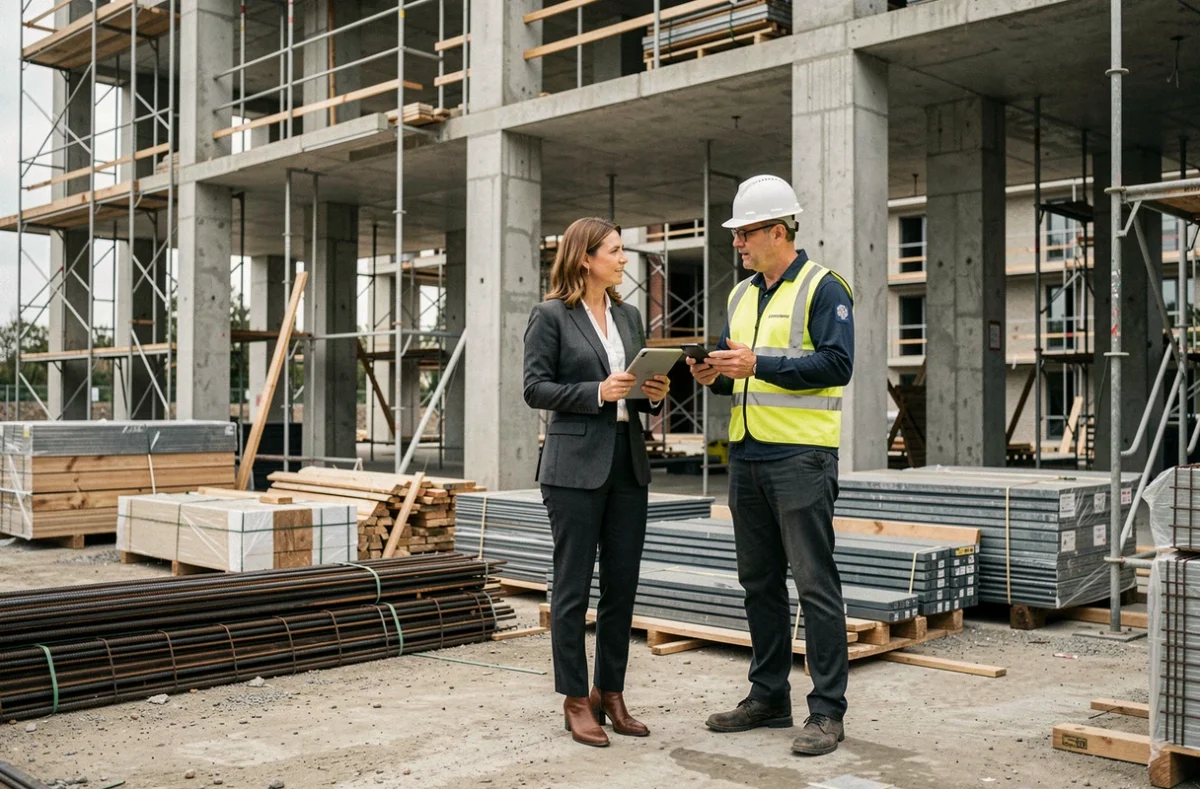 Cheffe de projet immobilier et conducteur de travaux discutant de l'avancement d'un chantier de construction résidentiel