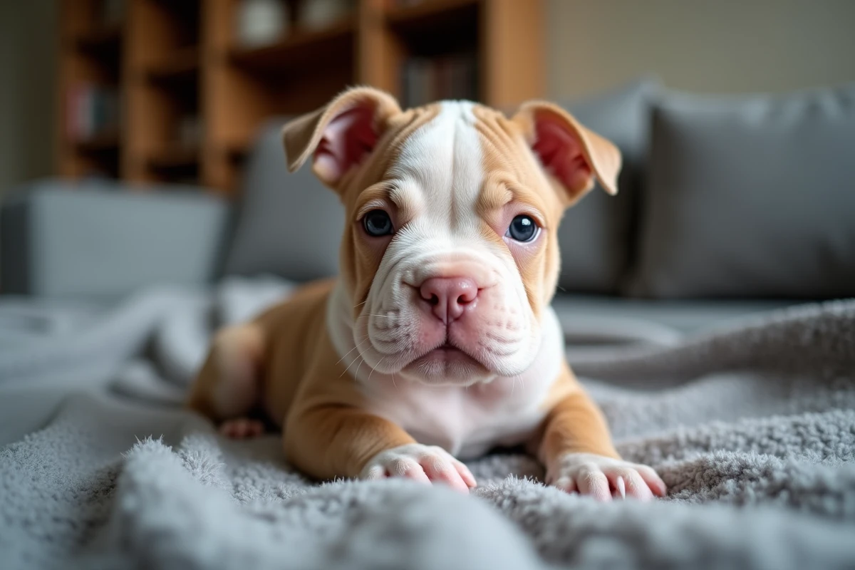 Chiot Exotic Bully de dix semaines allongé sur un canapé avec une couverture grise, gros plan sur le visage ridé et le corps compact
