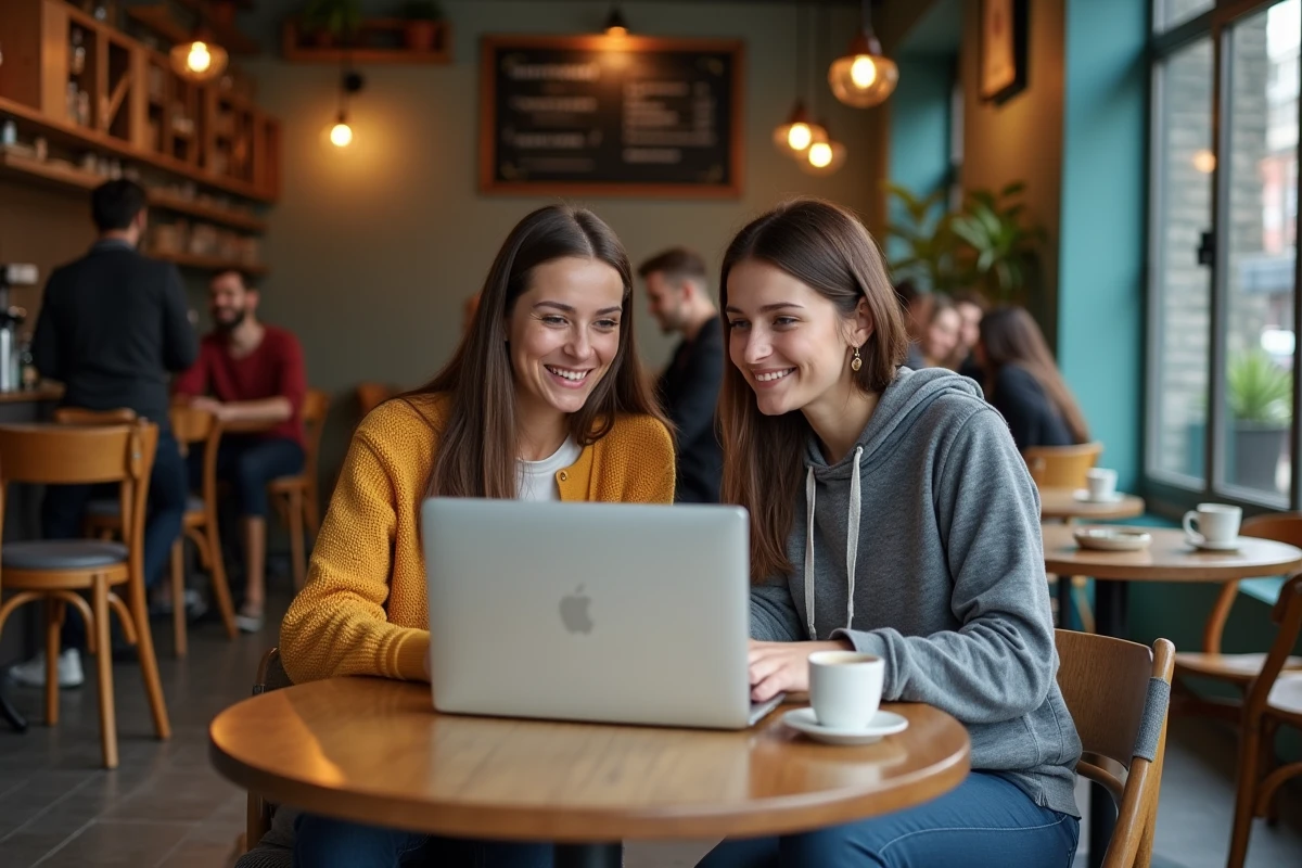 Deux collègues découvrant ensemble les dernières nouveautés et actualités du web dans un café urbain