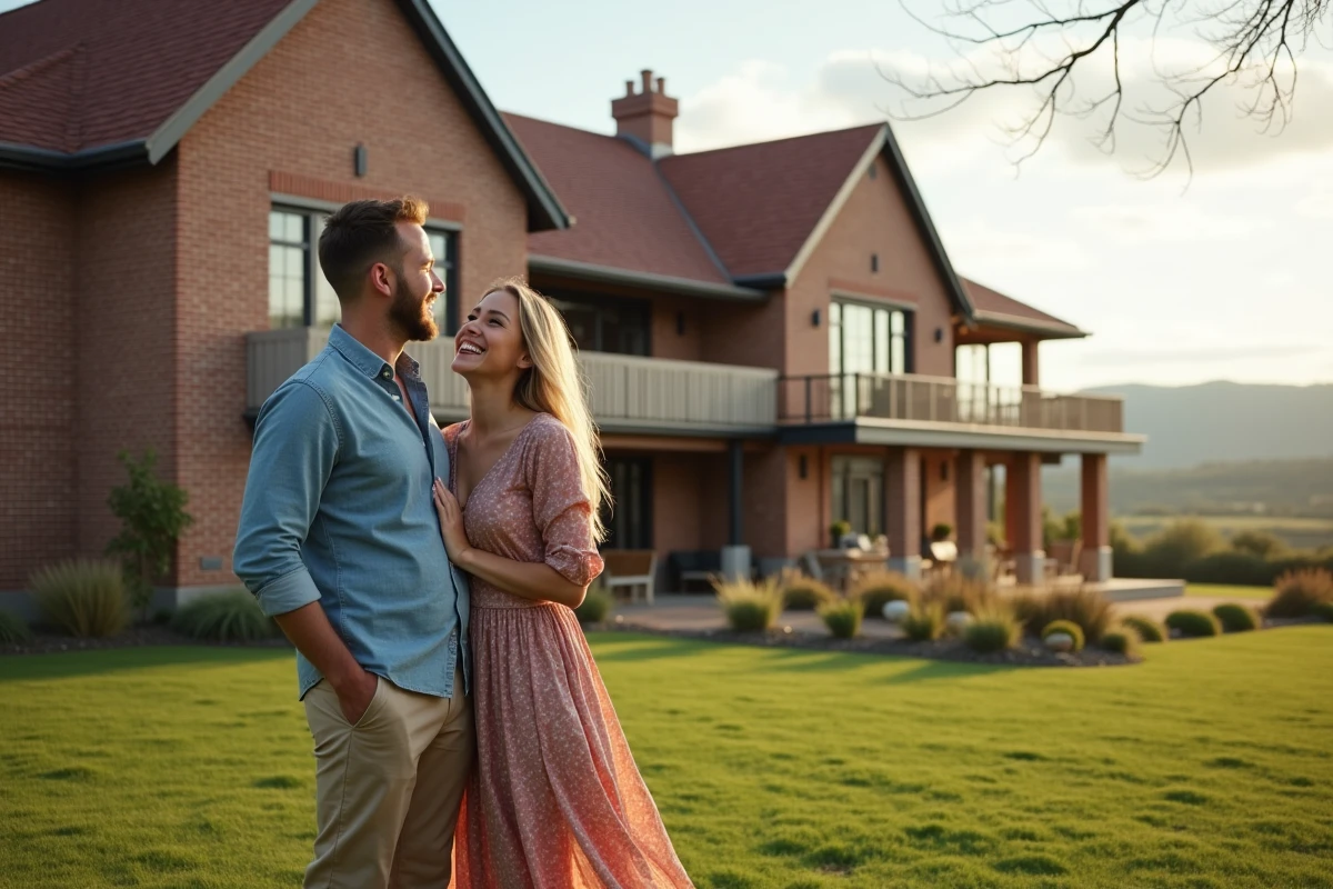 Jeune couple rit devant maison en brique rénovée