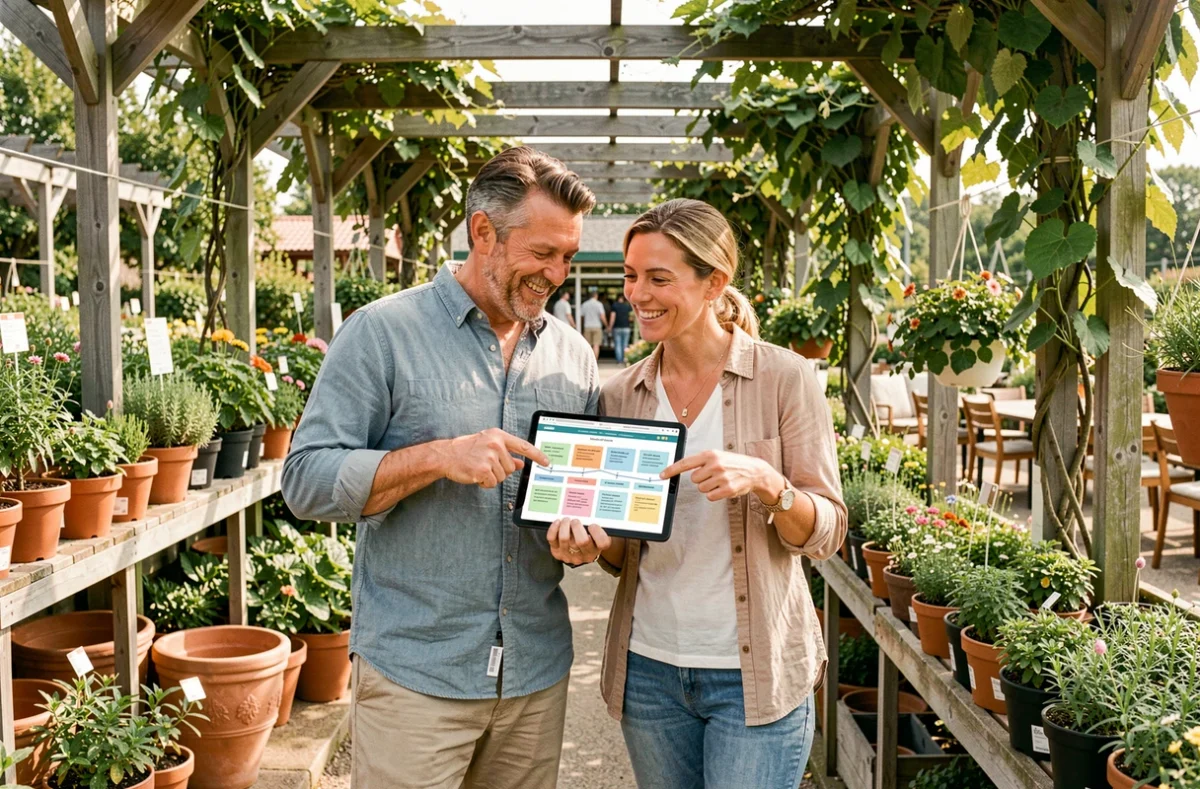 Couple consultant le plan d'un site brico déco jardin sur tablette dans un garden center