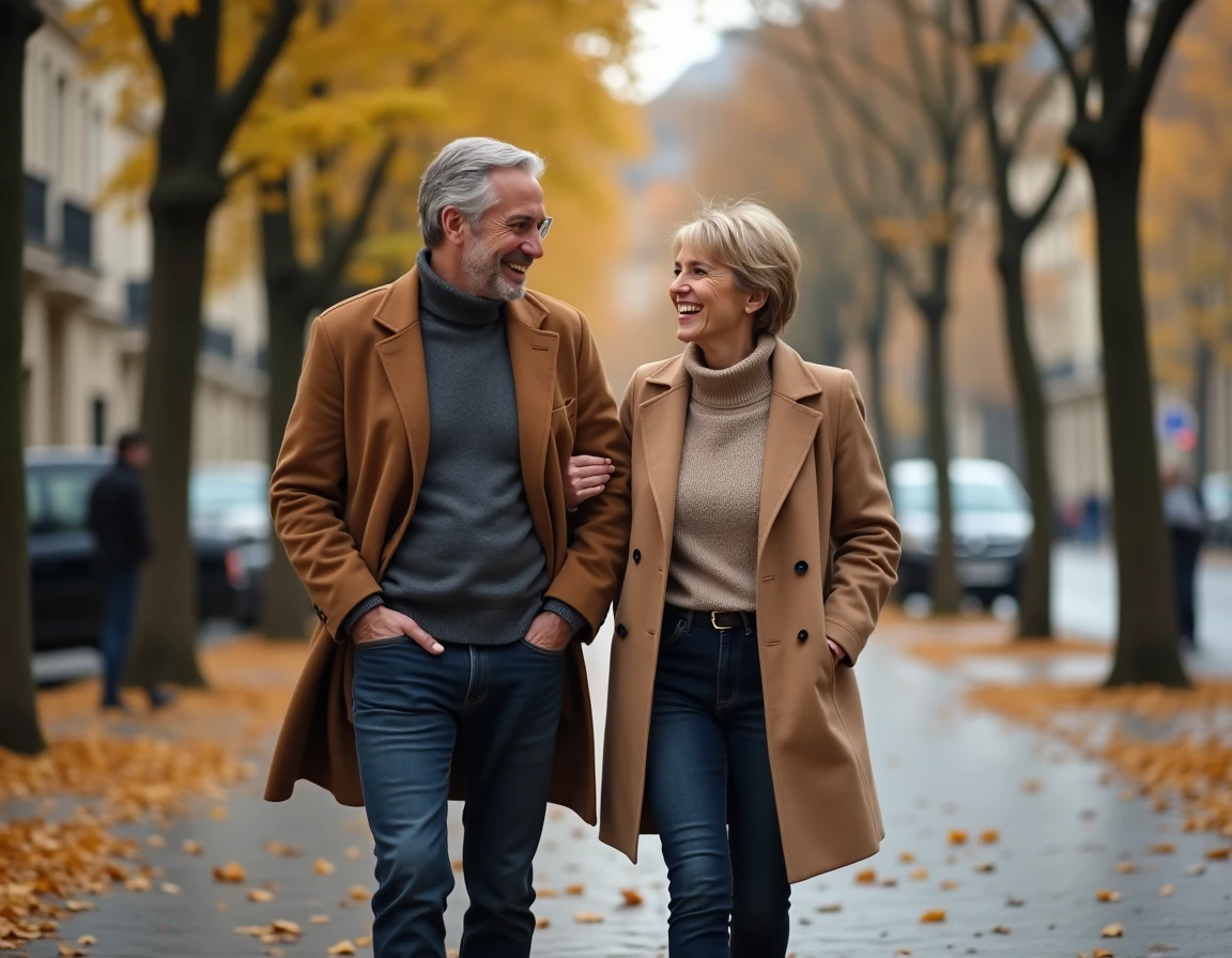Couple élégant se promenant sur un boulevard parisien en automne, atmosphère de vie privée et complicité naturelle