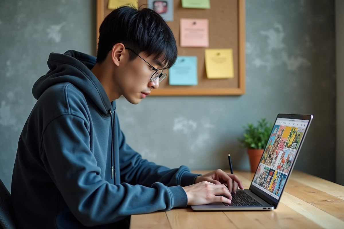 Jeune homme lisant un manhua sur un ordinateur portable dans un bureau minimaliste à domicile avec des notes et une plante succulente