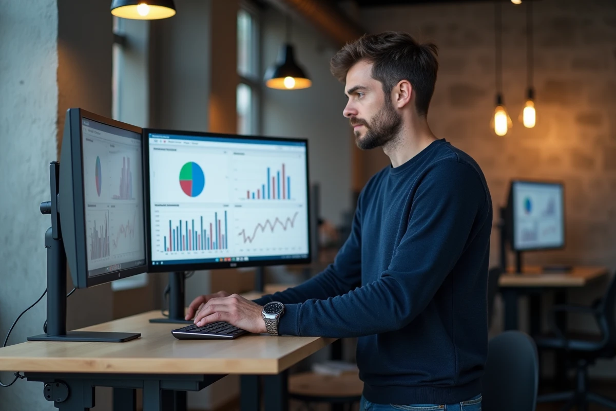 Entrepreneur masculin gérant son commerce en ligne sur double écran dans un espace de coworking moderne