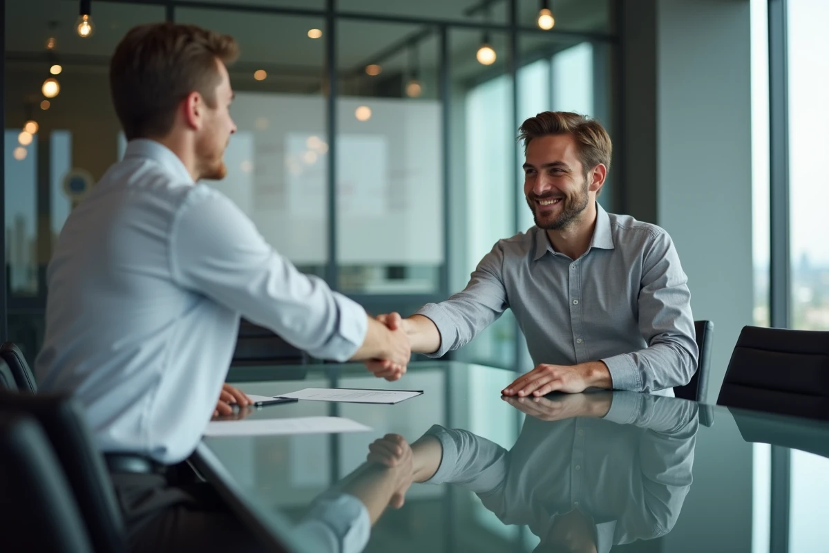 Jeune homme en entretien d'embauche serrant la main d'un recruteur dans une salle de réunion moderne, symbolisant une candidature réussie pour trouver un emploi en 2024