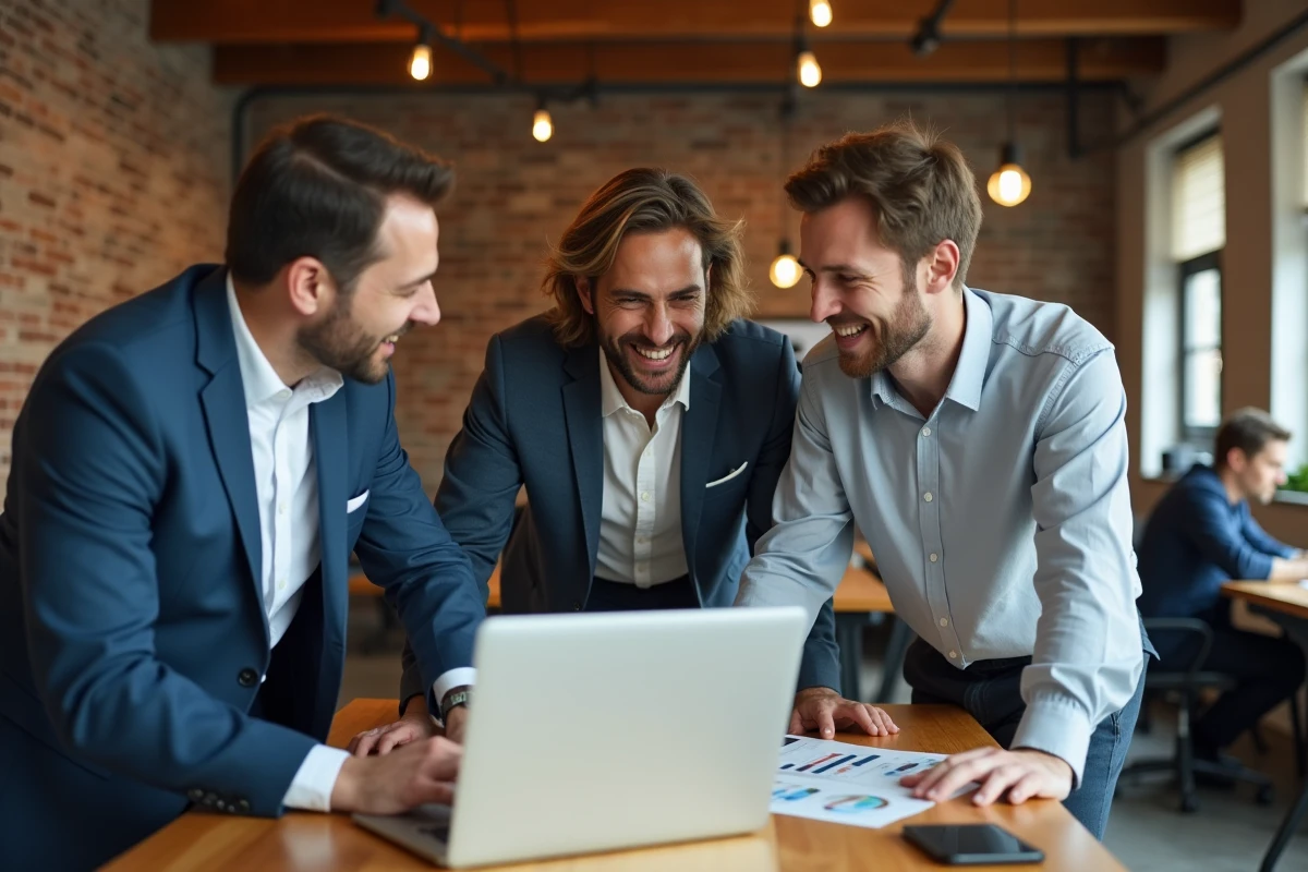 Équipe de professionnels en réunion debout dans un espace de coworking moderne, symbolisant la collaboration et les nouvelles pratiques en entreprise