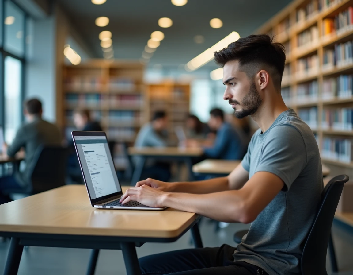 Étudiant en train de remplir sa candidature en ligne sur eCandidat depuis une bibliothèque universitaire