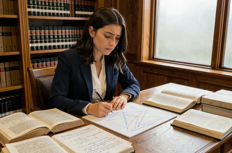 Étudiante en droit travaillant sur des équations mathématiques et des notes juridiques dans une bibliothèque universitaire