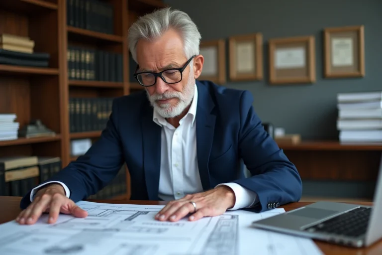 Expert judiciaire immobilier examinant des plans architecturaux dans un bureau de notaire en 2024