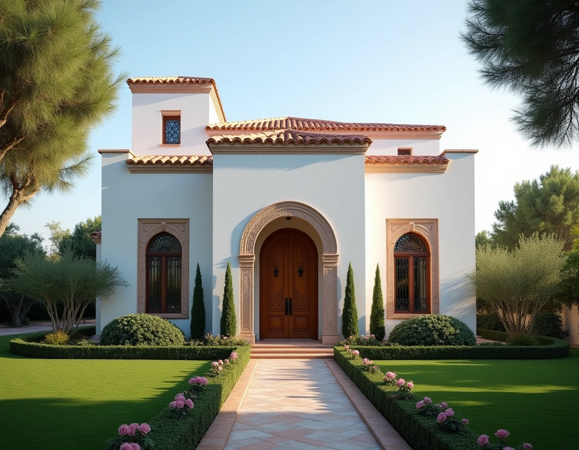 Façade extérieure d'une villa de prestige au golf d'Amelkis Marrakech entourée d'un jardin paysager