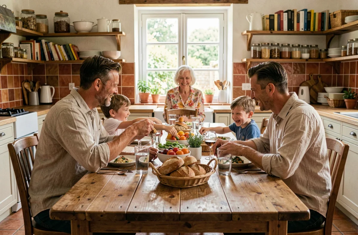 Famille multigénérationnelle réunie autour d'un repas convivial dans une cuisine de style maison de campagne française