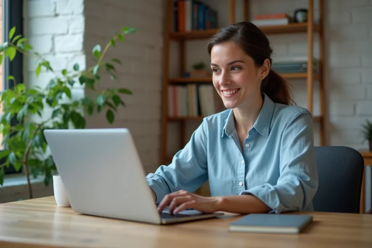 Femme consultant les dernières actualités et nouveautés du web sur son ordinateur portable dans un bureau moderne