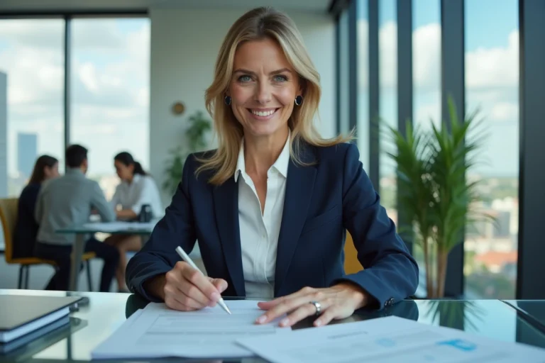 Femme d'affaires professionnelle consultant des documents dans un bureau moderne avec vue sur la ville, illustrant les tendances du monde des affaires
