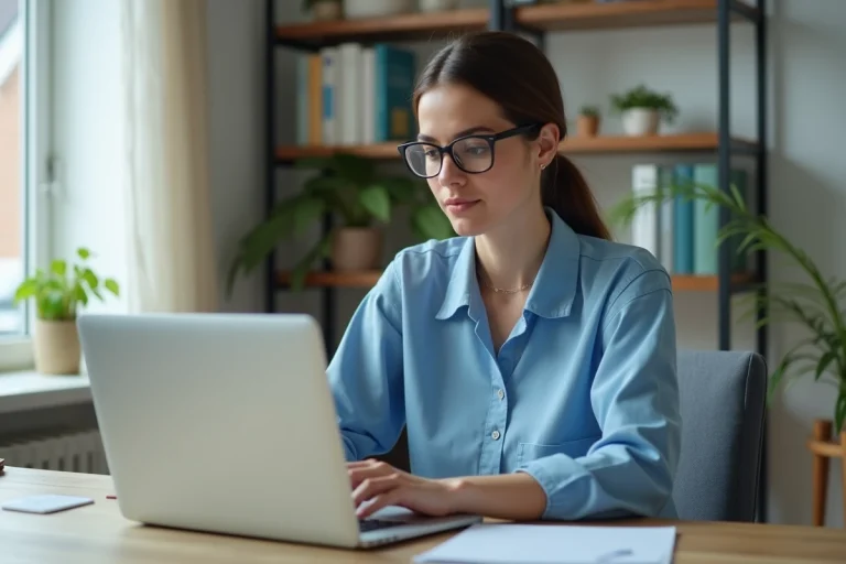Femme concentrée travaillant sur son ordinateur dans un bureau à domicile