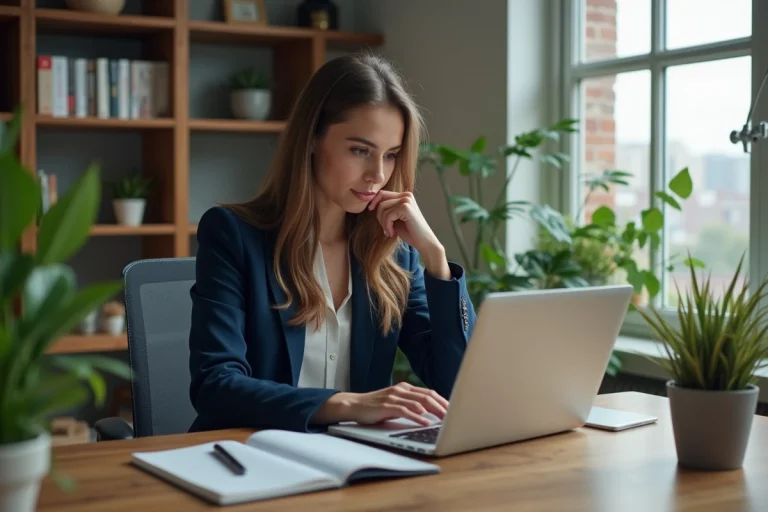 Jeune femme en bureau à domicile avec ordinateur et plantes