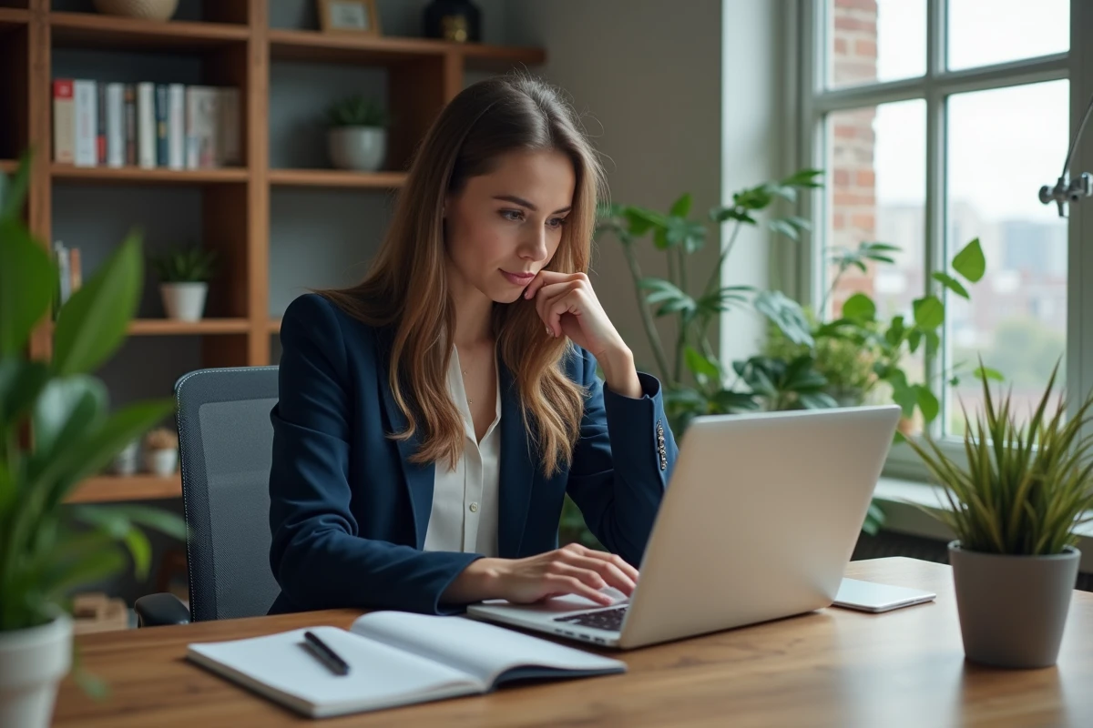 Jeune femme en bureau à domicile avec ordinateur et plantes