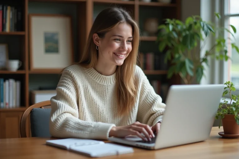 Jeune femme souriante travaillant à son bureau à domicile