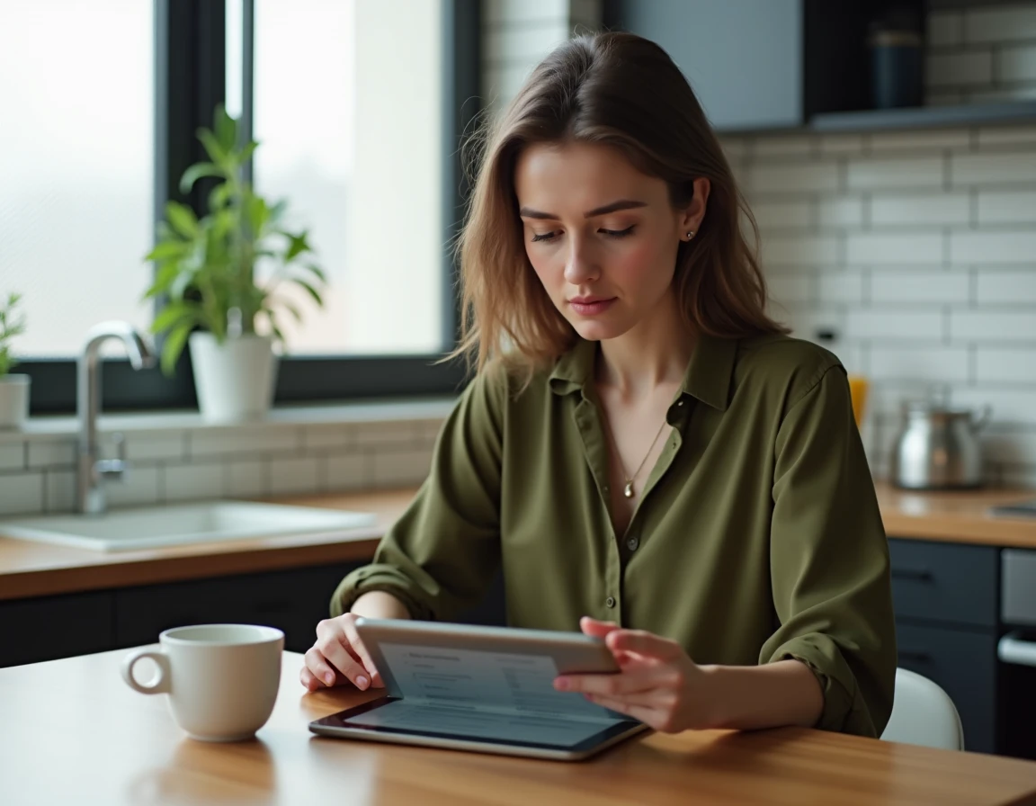 Jeune femme consultant les étapes de candidature eCandidat Paris 13 sur une tablette depuis chez elle
