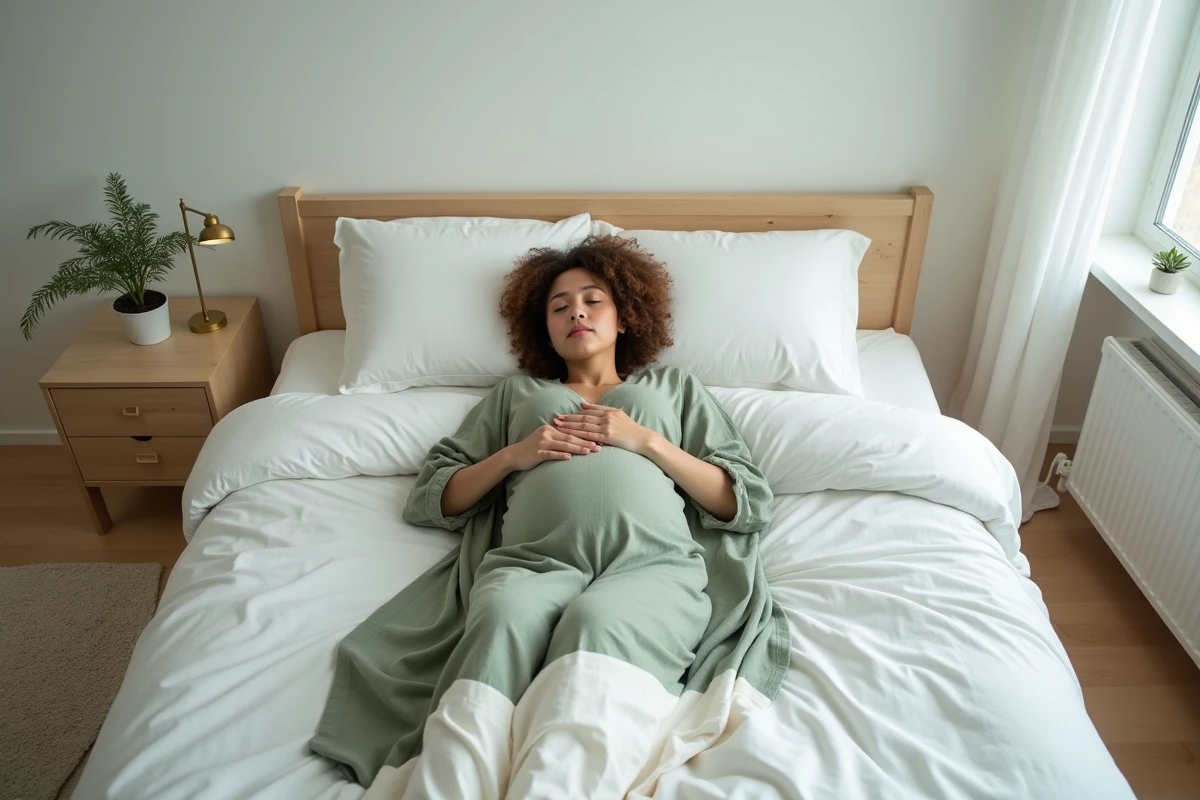 Femme enceinte allongée sur un lit blanc avec les mains sur le ventre, dans une chambre minimaliste et reposante