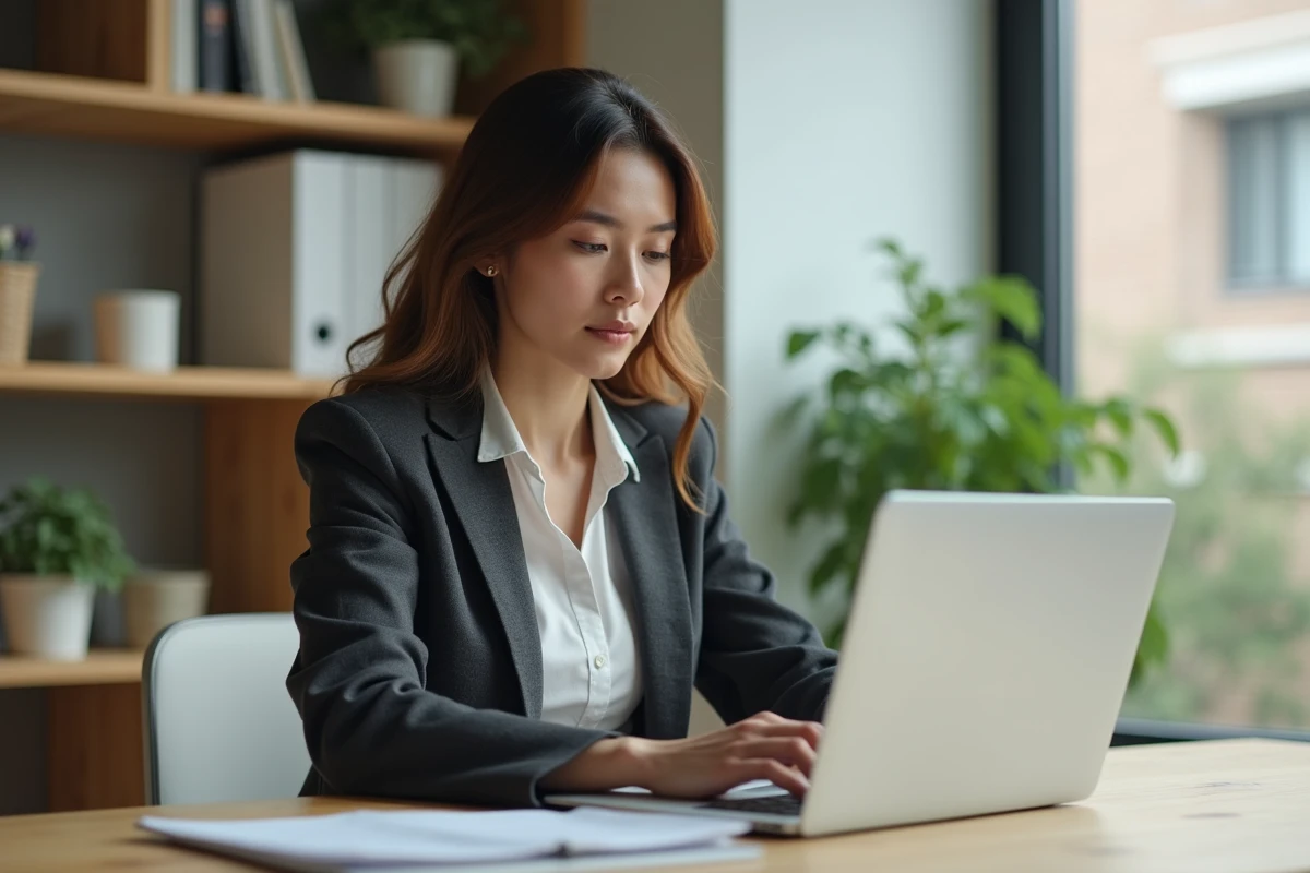 Femme entrepreneureure analysant les statistiques de son business en ligne sur un ordinateur portable dans un bureau moderne