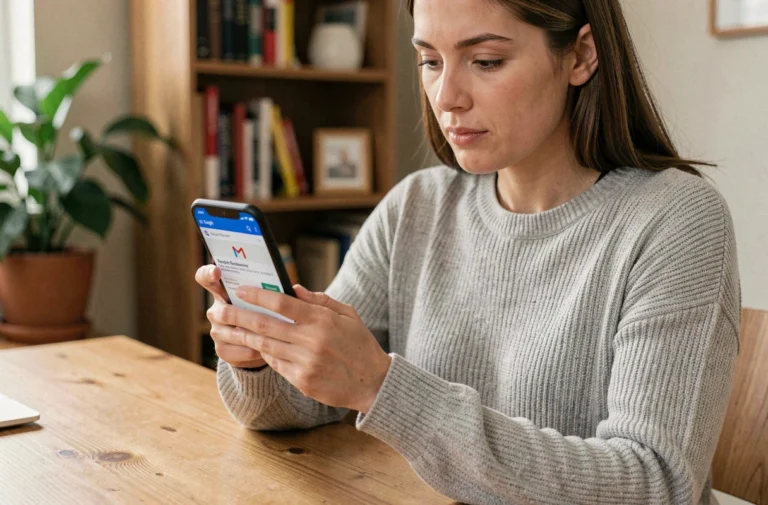 Femme consultant Gmail sur smartphone Android pour activer l'accusé de réception