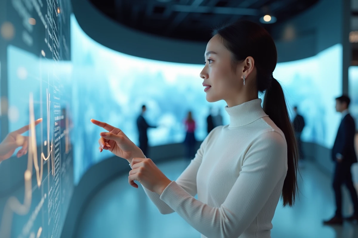 Femme explorant les dernières innovations technologiques dans un showroom moderne en 2024