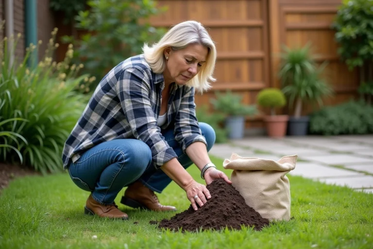 Femme en jeans compare deux sacs de terreau dans le jardin