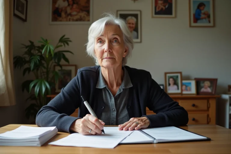 Femme d'âge moyen lisant des papiers à la maison