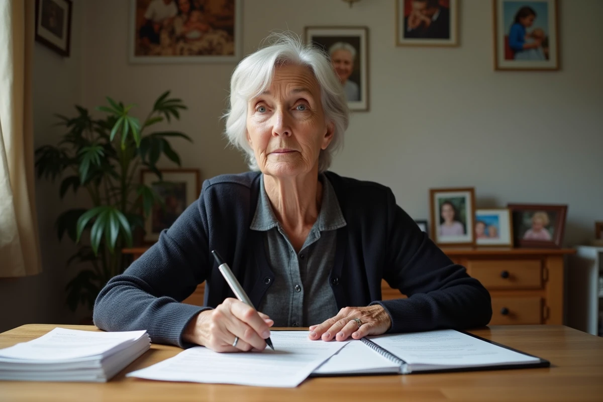 Femme d'âge moyen lisant des papiers à la maison