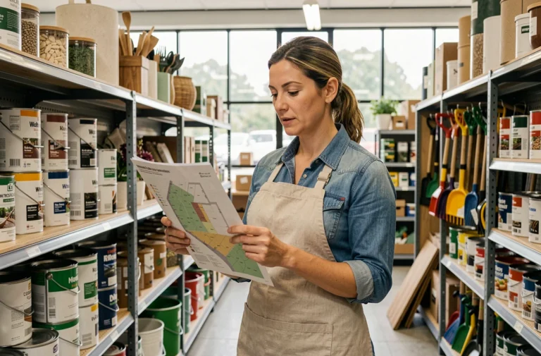 Femme consultant un plan de magasin brico déco jardin dans un rayon bien organisé