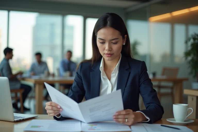 Femme professionnelle en blazer marine révisant son CV dans un bureau moderne, illustrant les stratégies pour trouver un emploi rapidement en 2024