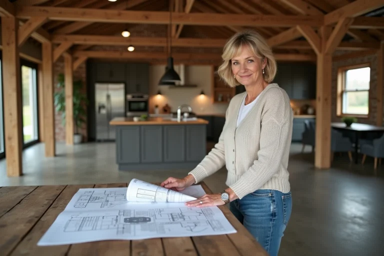 Femme moyenne âge examine plans dans ferme rénovée