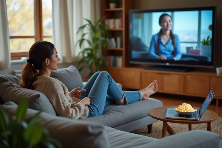 Femme détendue regardant la télé dans un salon chaleureux