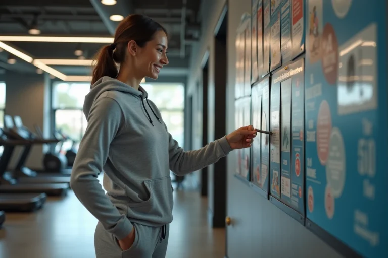 Femme souriante en tenue de sport dans un gym moderne