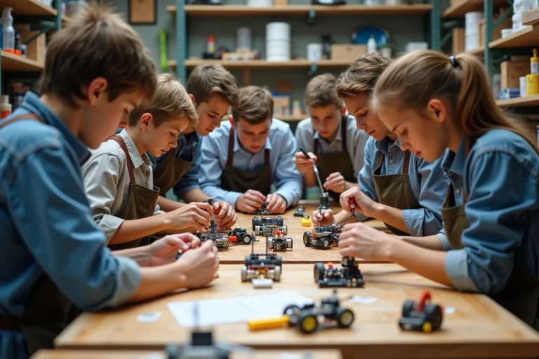 Groupe de makers en atelier collaboratif avec outils et diagrammes